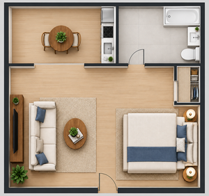Charming 2D floor plan featuring a cozy bedroom, stylish living area, compact kitchen, and modern bathroom with elegant design.