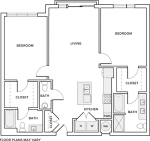 1172 square foot two bedroom two bath apartment floorplan image