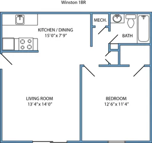 Plan 2 - 1 bed, 1 bath with fireplace and balcony