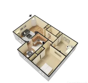 Charming 3D floor plan featuring a cozy living area, modern kitchen, and two spacious bedrooms with ample natural light.