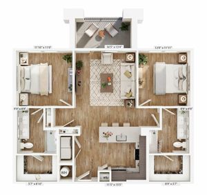 3D floor plan showcasing 2 bedrooms, elegant living room, and open kitchen with dining area.