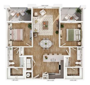 Elegant 2D floor plan featuring two bedrooms, open living and dining area, modern kitchen with island, and two balconies.