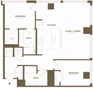 Elegant floor plan showcasing 2 bedrooms, open-concept kitchen and living/dining area, and spacious bathrooms.