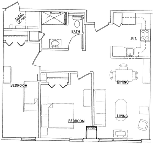 Contemporary floor plan featuring 2 bedrooms, a modern kitchen, open dining and living area, and a well-appointed bath.
