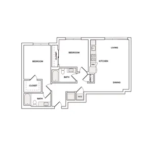 1105 square foot two bedroom two bath apartment floorplan image