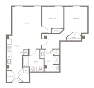 Charming 2-bedroom floor plan featuring a cozy living area, modern kitchen, two bathrooms, and ample storage space.