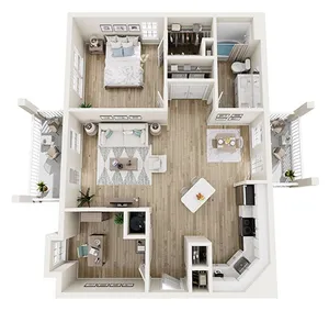 Charming 3D apartment floor plan with 1 bedroom, an elegant living room, cozy home office, and a modern kitchen with dining area.