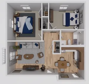 Chic 3D floor plan showcasing 2 cozy bedrooms, an open-concept living area, a modern kitchen with dining, and a well-appointed bathroom.