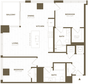 Modern floor plan showcasing 2 bedrooms, open-concept kitchen and living area, dining space, and balcony.