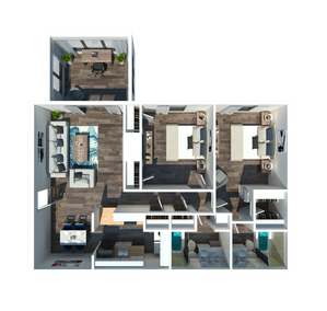 Modern apartment floor plan featuring 2 spacious bedrooms, a chic living room, stylish kitchen, private home office, and elegant bathrooms.