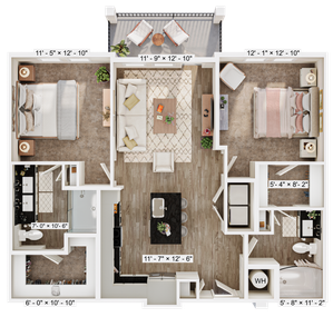 Elegant 2D floor plan showcasing 2 spacious bedrooms, an open-concept living and dining area, and a modern kitchen. Features include two chic bathrooms and a cozy balcony.