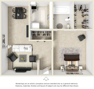 Village West 1 bedroom and 1 bathroom floor plan