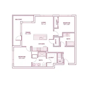 1113 square foot two bed two bath apartment floor plan in Beaverton, OR