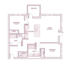 1121 square foot two bed two bath apartment floor plan in Beaverton, OR