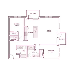 1128 square foot two bed two bath apartment floor plan in Beaverton, OR