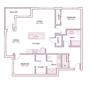 1153 square foot two bed two bath apartment floor plan in Beaverton, OR