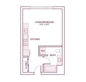 459 square foot studio one bath apartment floor plan in Beaverton, OR