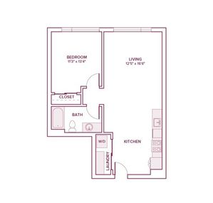 693 square foot one bed one bath apartment floor plan in Beaverton, OR