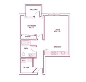 701 square foot one bed one bath apartment floor plan in Beaverton, OR