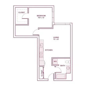 702 square foot one bed one bath apartment floor plan in Beaverton, OR