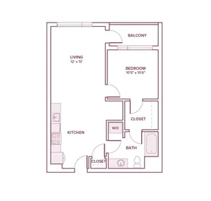703 square foot one bed one bath apartment floor plan in Beaverton, OR