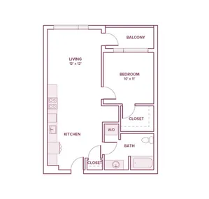 703 square foot one bed one bath apartment floor plan in Beaverton, OR