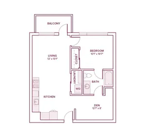 728 square foot one bed one bath apartment floor plan in Beaverton, OR