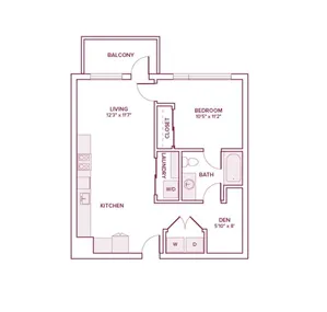 728 square foot one bed one bath apartment floor plan in Beaverton, OR