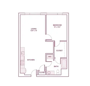 775 square foot one bed one bath apartment floor plan in Beaverton, OR