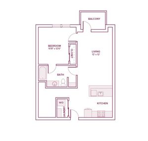 823 square foot one bed one bath apartment floor plan in Beaverton, OR