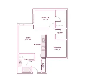 863 square foot one bed one bath apartment floor plan in Beaverton, OR