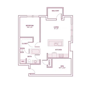 957 square foot one bed one bath apartment floor plan in Beaverton, OR