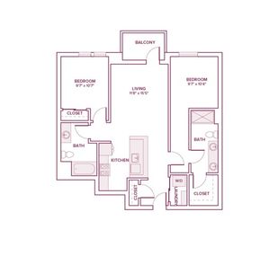 968 square foot two bed two bath apartment floor plan in Beaverton, OR