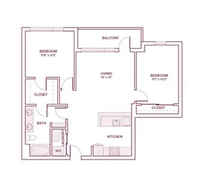 1009 square foot two bed one bath apartment floor plan in Beaverton, OR