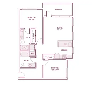 1030 square foot two bed two bath apartment floor plan in Beaverton, OR