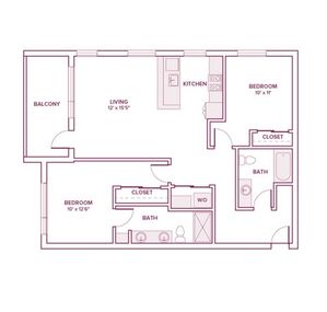 1077 square foot two bed two bath apartment floor plan in Beaverton, OR