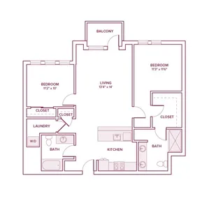 1097 square foot two bed two bath apartment floor plan in Beaverton, OR