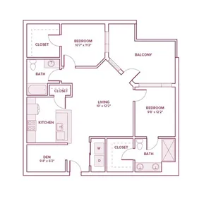 1097 square foot two bed two bath apartment floor plan in Beaverton, OR