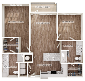 Elegant apartment floor plan highlighting 2 bedrooms, spacious living area, modern kitchen, and balcony access.
