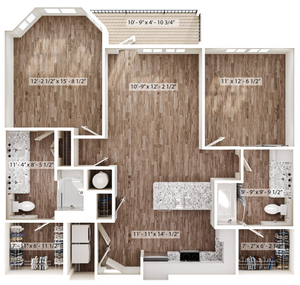 Modern apartment floor plan featuring 3 spacious bedrooms, a luxurious open-concept kitchen and living area, and two elegant bathrooms with stylish fixtures.