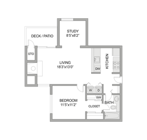 1 Bed 1 Bath Floor Plan with Den