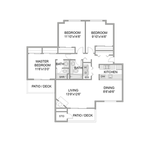 3 Bed 2 Bath Floor Plan
