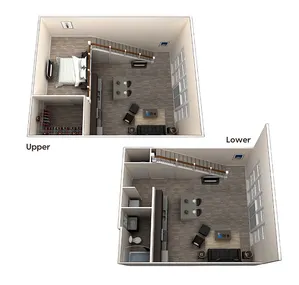 Modern 3D floor plan showcasing a stylish two-level loft with a cozy bedroom, spacious living area, and sleek kitchen on the lower level.