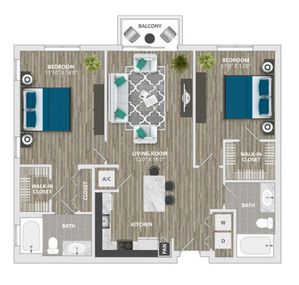 Chic floor plan featuring two spacious bedrooms with walk-in closets, two modern bathrooms, open-concept living and kitchen area, and a cozy balcony.