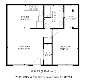 Charming 1-bedroom floor plan featuring an expansive living room, spacious kitchen, and convenient walk-in closets at 7305-7315 W 9th Place, Lakewood, CO.