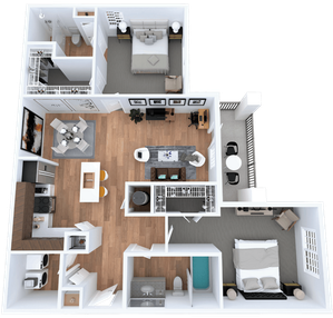 Modern 3D floor plan showcasing 2 bedrooms, open living area, stylish kitchen with island, and balcony seating.