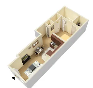 Modern 3D apartment layout showcasing a cozy living area, sleek kitchen, and inviting bedroom with ample storage.