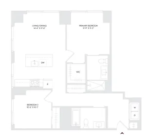 Elegant Avira Residence 15 floor plan with 2 bedroom, 2 bath layout featuring open living/dining area and modern kitchen, located on floors 11-26.