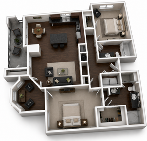 Modern 3D floor plan showcasing a luxurious apartment with two spacious bedrooms, two stylish bathrooms, a sleek open-concept kitchen, and a cozy living area. Includes a private balcony for outdoor relaxation.
