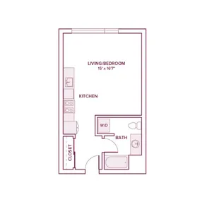 447 square foot studio one bath apartment floor plan in Beaverton, OR